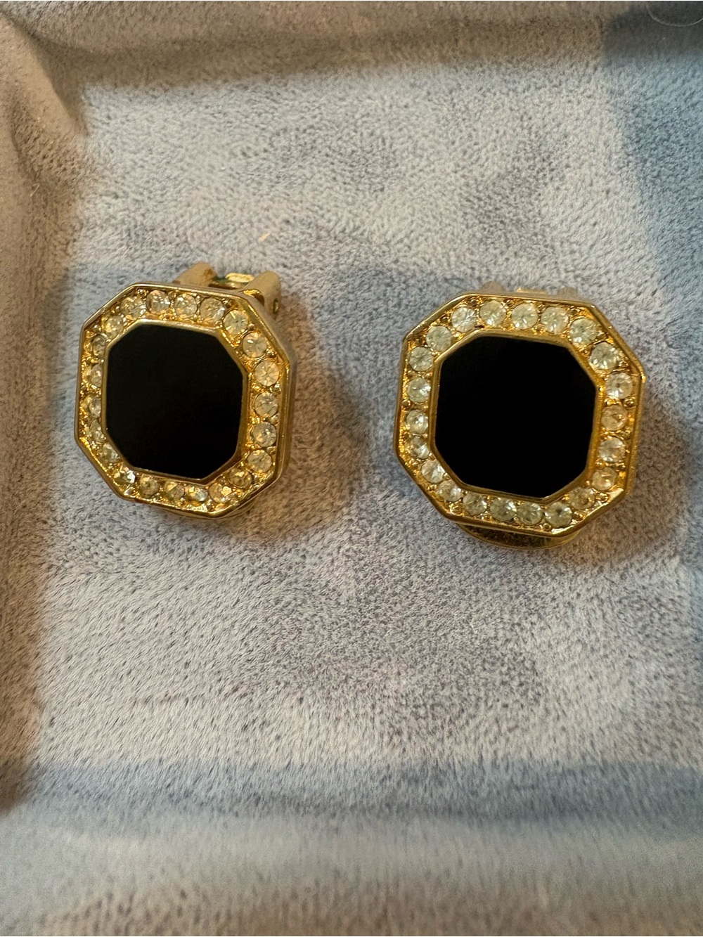 Vintage Signed Christian Dior Octagon Black Enamel Swarovski Crystal Clip-ons
